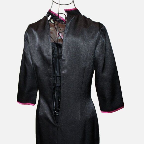 Long Black Satin Dress Floral Butterfly Side Slits Mandrin Collar Eastern XS - Picture 7 of 8